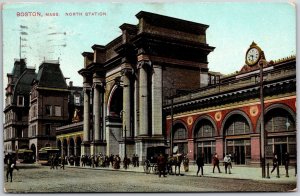 1909 North Station Boston Massachusetts MA Horse Carriage People Posted Postcard