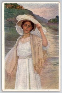Pretty Lady Hat Scarf at Lake Summer by A.D. Goltz Vienne Gallery Postcard L43