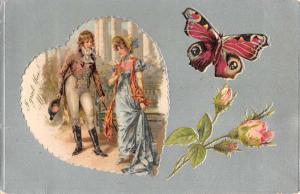 Romance Couple Colonial Butterfly Flowers Antique Postcard K42526
