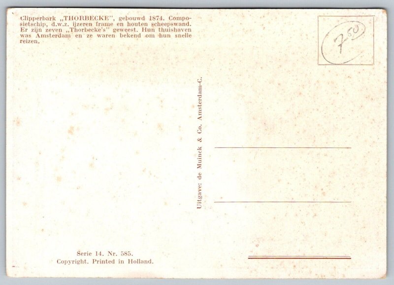 Clipper Ship  Thorbecke   Amsterdam Netherlands   Postcard