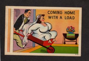 Comic Postcard Card Newlyweds Wedding Bridge Dress Wheelbarrow Linen PC