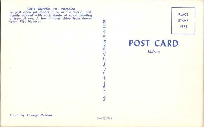 Vintage Postcard Ruth Copper Pit Ely, Nevada JL9