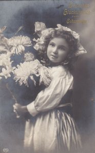 RP: HAPPY BIRTHDAY, PU-1908; Little Girl wearing bonnet, bouquet of flowers