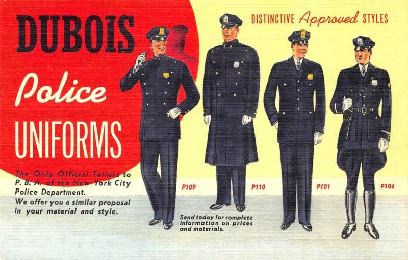 New York NY Curt Teich Dubois Police Uniforms Rare Advertising​ Postcard