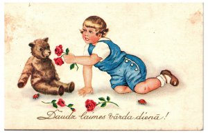 1937 Happy Name Day Child with Teddy Bear Latvian Postcard