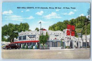 El Paso Texas Postcard Red Mill Courts Roadside Building Classic Cars 1951 Linen