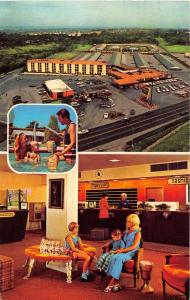 ST LOUIS BRIDGETON MISSOURI HOLIDAY INN NORTH MOTEL~AERIAL~LOBBY~POOL POSTCARD