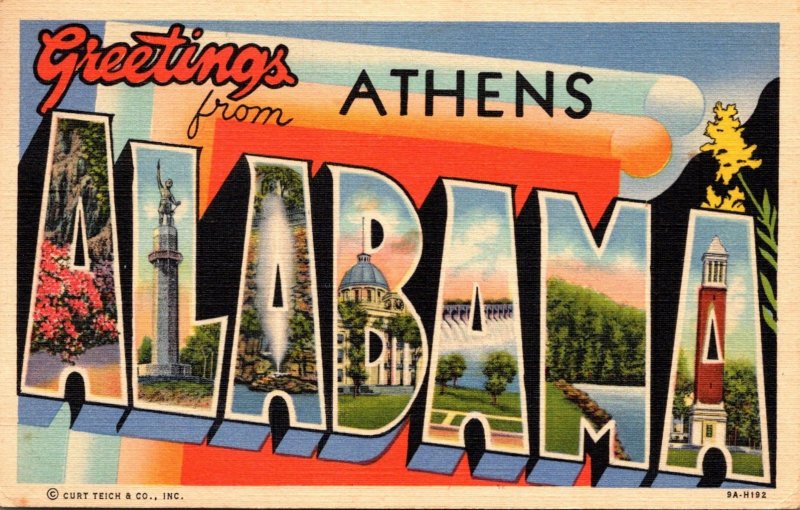 Alabama Greetings From Athens Large Letter Linen 1954 Curteich