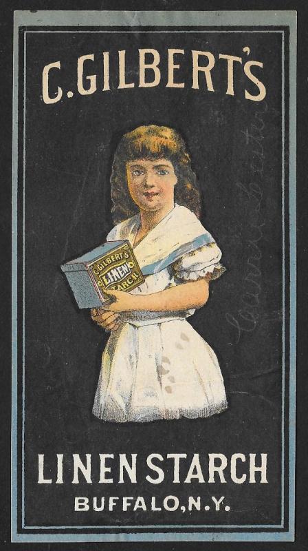 VICTORIAN TRADE CARD Gilberts Linen Starch Pretty Girl in White Dress