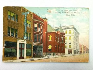 Vintage Postcard 1910's West High Street Post Office & Masonic Temple Lima OH