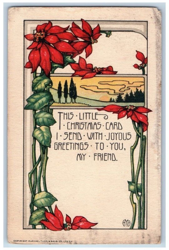 Christmas Postcard Greetings Poinsettia Flowers Arts Crafts Tuck's 1920 Antique