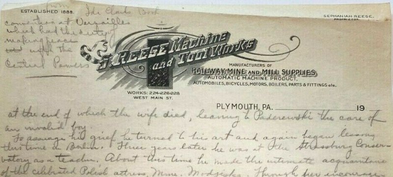 S Reese Machine & Tool Works Plymouth PA letterhead Paderewski essay Poland