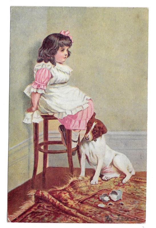In Disgrace Little Girl with Dog Sitting in Corner Postcard