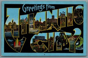 Postcard Atlantic City NJ c1940s Greetings From Atlantic City Large Letter Views