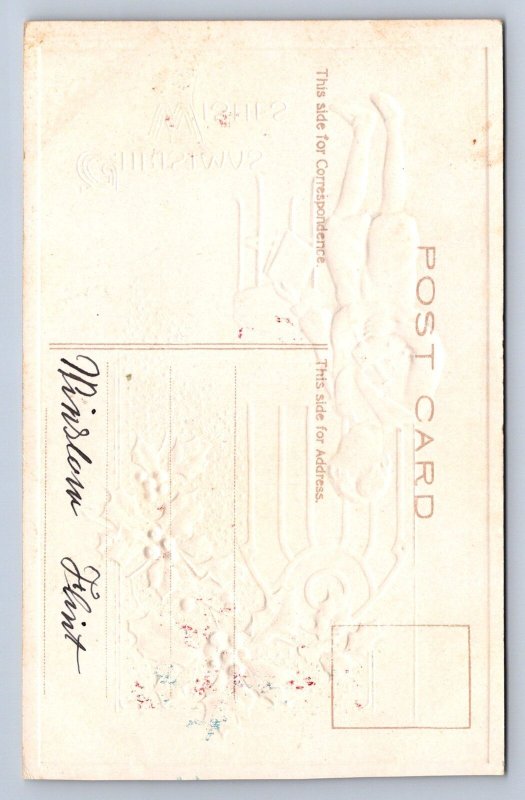 J92/ Merry Christmas Holiday Postcard c1910 Boy Toys Window Gold 221