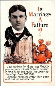 Vtg 1905 Is Marraige A Failure? Man Climbing Fence Thorns Unused UDB Postcard