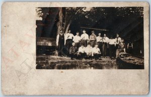 c1920s Group Men Drinking RPPC Friends Alcohol Beer Shots Boys Smile Boat A187