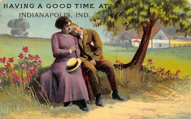 Having a Good Time at Indianapolis Indiana~Couple Under Tree~1910 Postcard 