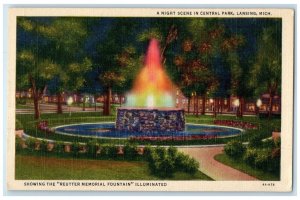 c1940 Memorial Fountain Trees Night Scene Central Park Lansing Michigan Postcard