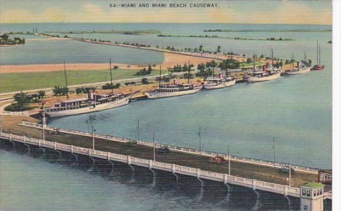 Florida Miami and Miami Beach Causeway With Yachts