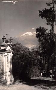 POPOCATEPETL PUEBLA MEXICO~VIEW PAST CHURCH DOWN PATH~ REAL PHOTO POSTCARD 1940s