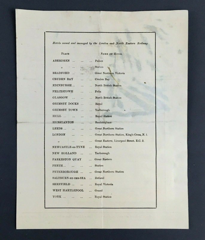 1933 North British Station Hotel Luncheon Receipt London Eastern Railway Glasgow