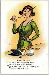 Saleslady Green Dress Worked So Long In Making Up Antique Postcard