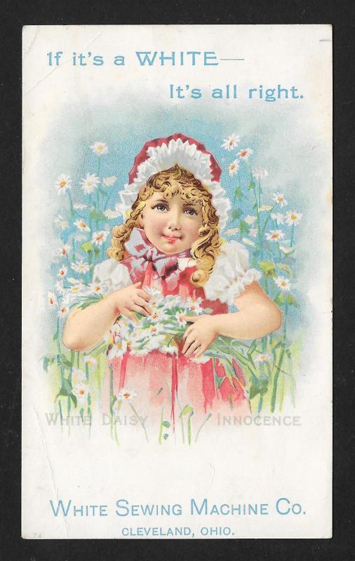 VICTORIAN TRADE CARD White Sewing Machine Girl w/Flowers