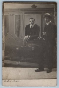 Oosterbeek Netherlands Postcard Two Suited Men in Train 1900 RPPC Photo