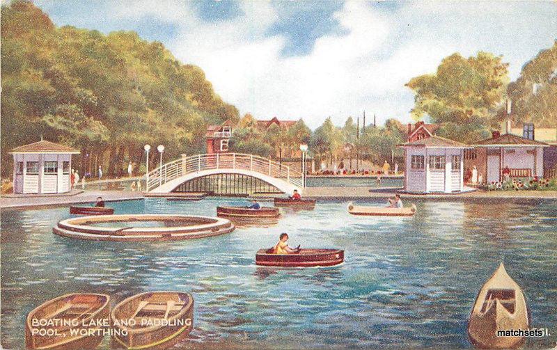 1950s Boating Lake Paddling Pool Worthing UK Art Colour postcard 9208 Valentines