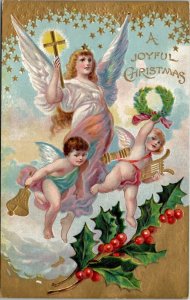 Joyful Christmas Beautiful Angel and Cherubs in Clouds Wreath Bells Postcard X20