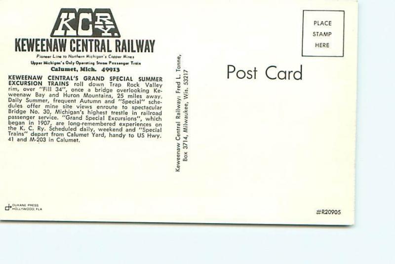 Postcard Michigan Calumet Keweenaw Central Railway Fil 34 Locomotive   # 3142A