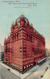 Waldorf-Astoria Hotel, Manhattan, New York City, Early Postcard, Used in 1911