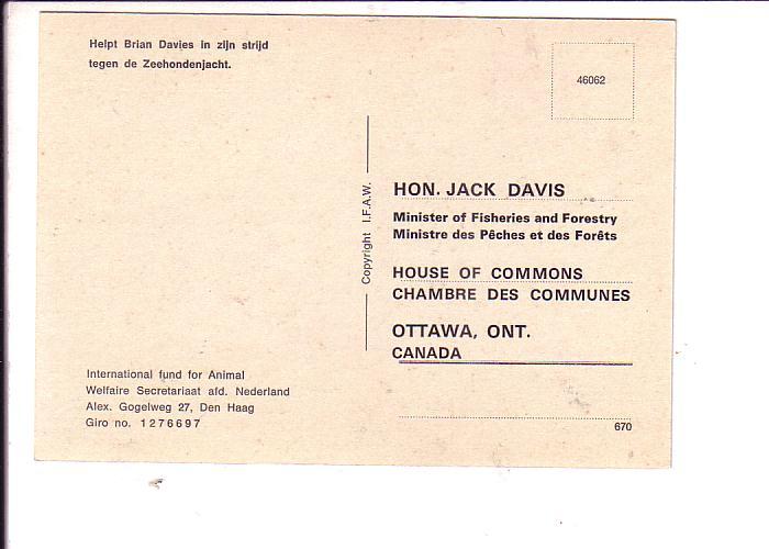 Seal, Animals Fund, Jack Davies, Politician Minister of Fisheries !968/69 Canada