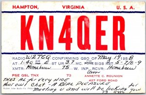 1958 QSL Radio Card Code KN4QER Hampton Virginia Amateur Station Posted Postcard