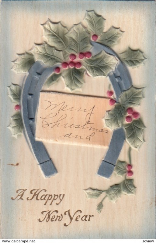 NEW YEAR ; Embossed Holly & Horseshoe , 1900-10s