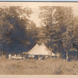 c1900s Outdoor Camp Gathering RPPC Posing Guests Hunting Hide Tanning Photo A143
