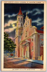 St. Augustine Florida 1940s Postcard Night Scene Of Catholic Cathedral