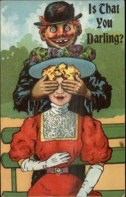 Is That You Darling? Hobo Sneaks Up on Pretty Woman in Park c1910 Postcard