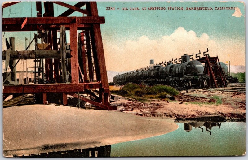 Bakersfield CA-California, Oil Cars Parked at Shipping Station, Vintage Postcard