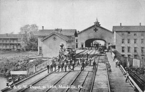 A & G W. DEPOT IN 1869 MEADVILLE PENNSYLVANIA TRAIN DEPOT POSTCARD 1910