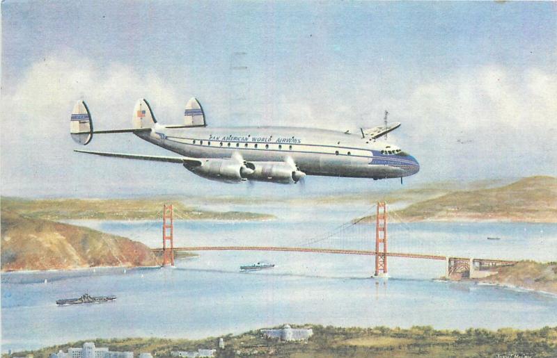 Pan American Lockheed Constellation plane artist postcard San Francisco