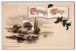 1912 Christmas People Pulling Boat Holly John Winsch Artist Signed Postcard 