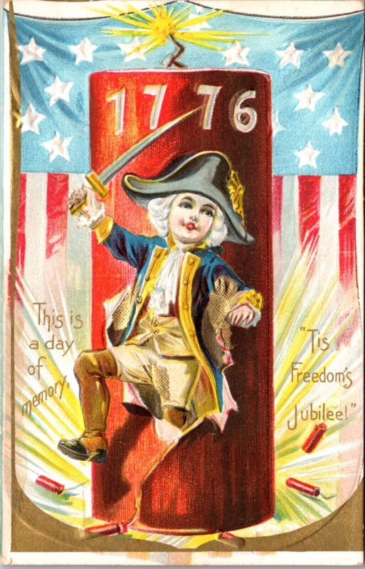 Fourth of July Postcard 1776 Boy Dressed as George Washington Flag Fire Cracker