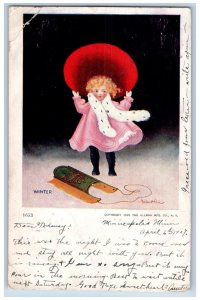 Wall Signed Postcard Christmas Little Girl Winter Sled Minneapolis MN 1907