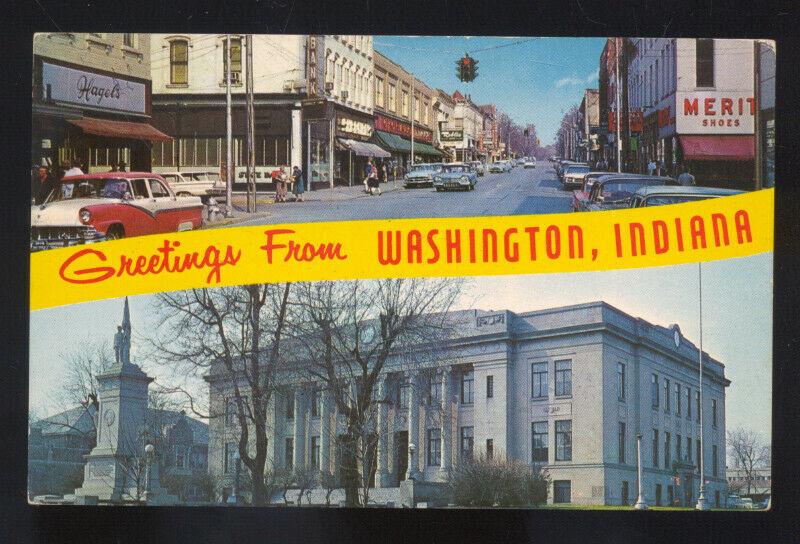 WASHINGTON INDIANA DOWNTOWN STREET SCENE 1950's CARS POSTCARD 1955 FORD