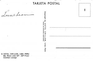 LIMA, Peru   SKY ROOM COCKTAIL LOUNGE~20th Floor  HOTEL CRILLON   Postcard