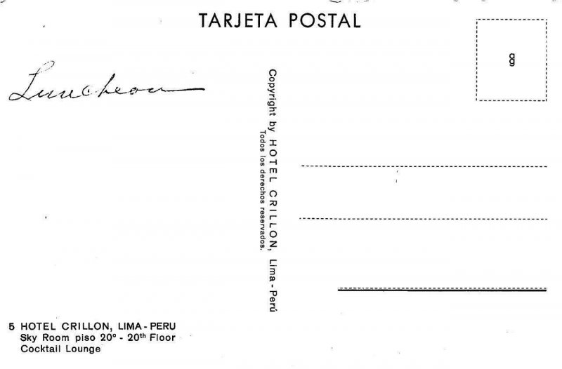 LIMA, Peru   SKY ROOM COCKTAIL LOUNGE~20th Floor  HOTEL CRILLON   Postcard
