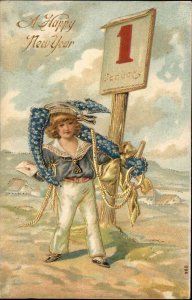 New Year Little Boy Sailor with Anchor c1910 Embossed Vintage Postcard