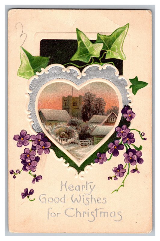 Postcard Hearty Good Wishes For Christmas Home Church Scene Flowers Embossed